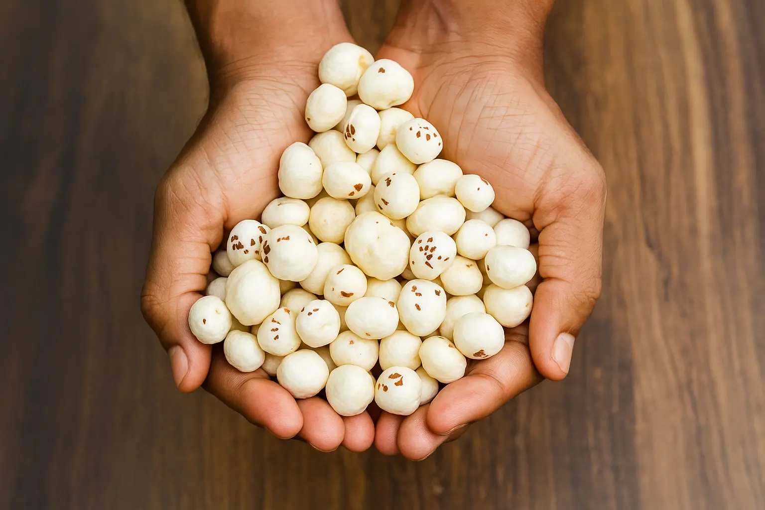 Hands holding premium Makhana showing the quality and care in selection
